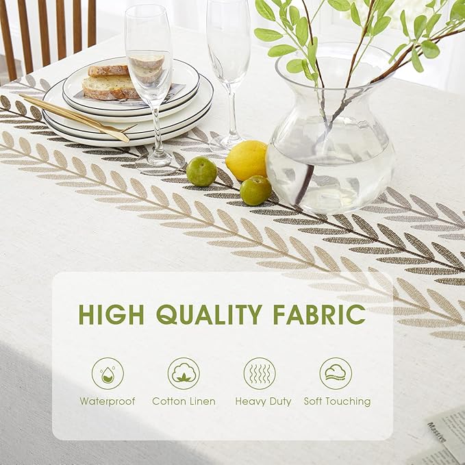 QIANQUHUI Embroidered Tablecloth for Dining Table,Dust Proof Spillproof Soil Resistant Cotton Linen Rectangle Table Cloths (Coffee Wheat, Rectangle/Oblong, 55'x102'', 8-10 Seats)