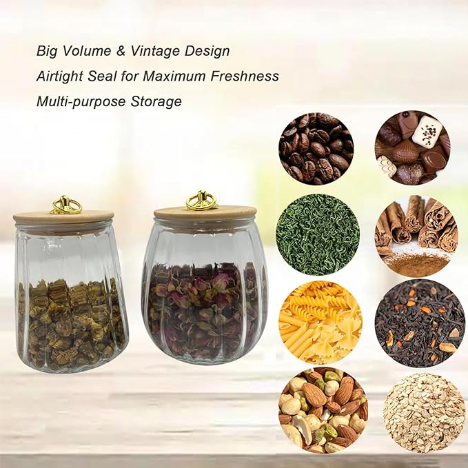 Glass Airtight Storage Jars with Spoons,Bamboo Lid Canister for Foods,Decorative Container with Metal Handle Easy to Grasp 2Pack Conical