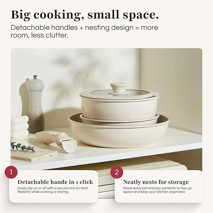 GOURMETIFIC® Pots and Pans Cookware Set [11 PIECES] - Non Toxic Ceramic Coated Cooking Ware - Induction, Gas & Oven Kitchenware - Non Stick Pot & Pan with Removable Handles & Stackable (Taupe)