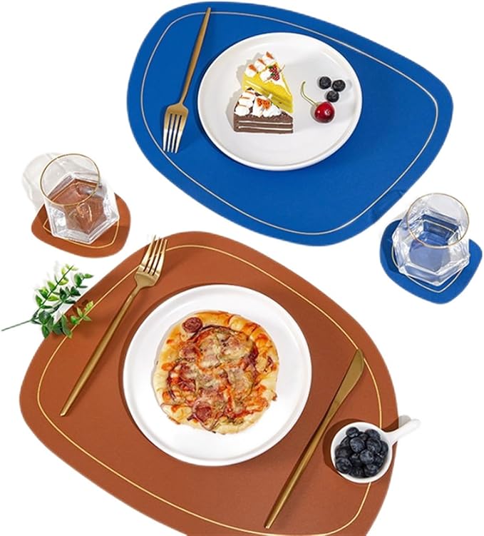 PU Leather Round Placemats and Coasters Easy to Clean Faux Leather Elegant Kitchen Parties Patio Dining Table Place Mat(SP red)