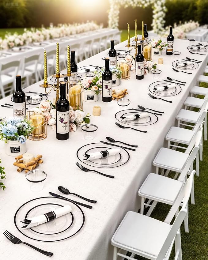 350Pcs Clear & Black Plastic Plates for Party, Disposable Dinnerware Set for 50 Guests,100 Plastic Plates,50 Cups, 50 Pre-Rolled Napkins with Cutlery for Party, Wedding, Christmas