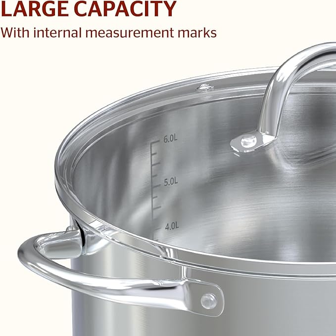 SUNHOUSE Stainless Steel Stock Pot - 7 Quart Heavy-Duty Induction Cooking Pot with Visible Lid for Pasta, Soup, Spaghetti - Nonstick Thick-Bottom Deep Stockpot for Canning, Boiling, and Simmering