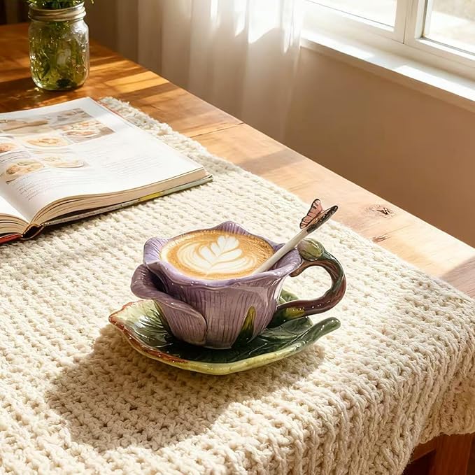 Ceramic Tea Cup and Saucer Set ，6OZ 3D Hand-Painted Flower and Lotus Leaf Coffee Mug，Gift for Women- Pinkish Purple Rose