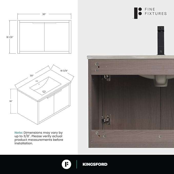 Fine Fixtures Kingsford Modern 24 Inch Bathroom Vanity with Sink, Gray Oak Finish, Elegant Bathroom Vanities for Modern Homes, Stylish Storage Solutions for Bathrooms