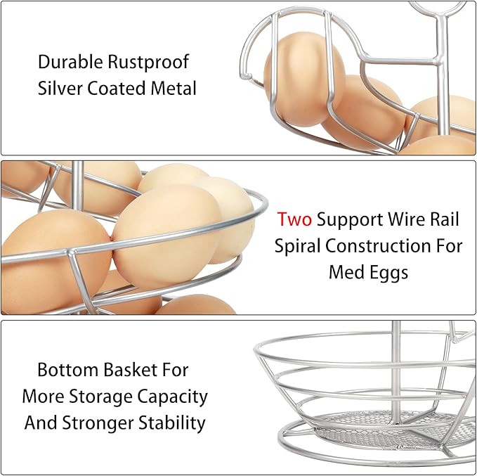 QUTREY Silver Metal Egg Holder Countertop, Spiral Design Egg Skelter Dispenser Rack with Egg Storage Basket for Kitchen
