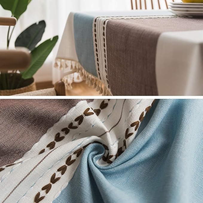 Pahajim Striped Tablecloth Rectangle with Tassels Thick Linen Cotton Table Cloth for Outdoor Picnic Dining and Holiday Kitchen Decor Rectangle/Oblong,55''x87'', 6-8 Seats