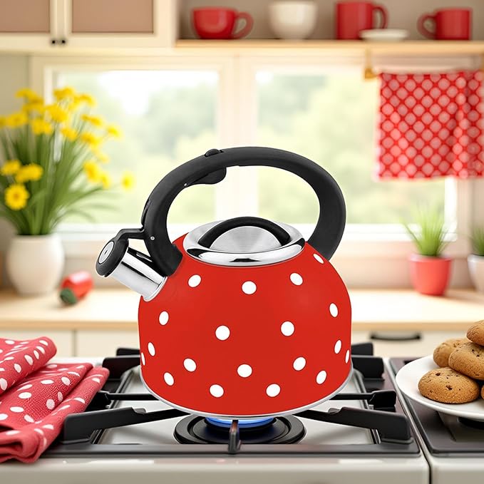 Red and White Polka Dot Tea Kettle, Cute Whistling 2.6 Quarts Tea Pot for Stove Top, Stainless Steel Teapot Stovetop with Cool Grip Ergonomic Handle Gas & Electric Stove Safe(2.5L)
