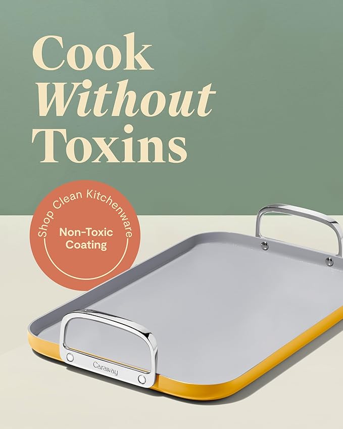 Caraway Double Burner Griddle - 19x12” Griddle Pan - Non-Stick Ceramic Coated - Non Toxic, PTFE & PFOA Free - Oven Safe & Compatible with All Stovetops - Marigold