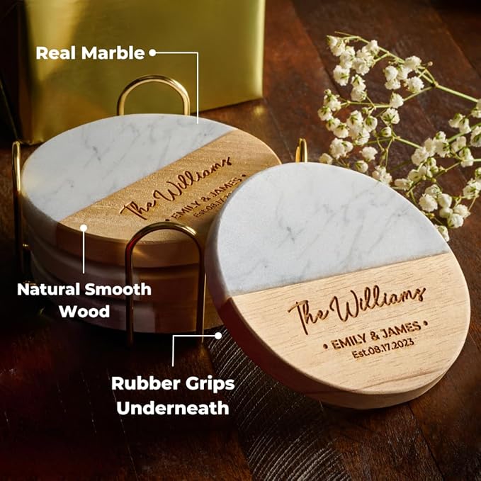 Personalized Coasters, Wedding Gift for Couple, Custom, Premium Craftsmanship Durability Tested, Custom Bar Coasters for Drinks with Monogram Engraved, Great Newlywed