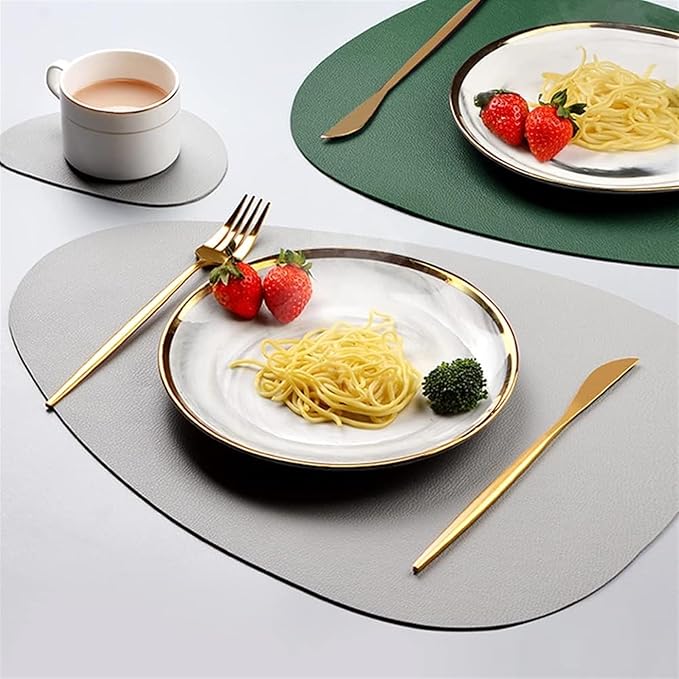 Faux Leather Placemats and Coasters Set of 4/8/12 Dual-Sided Round Place Mats for Kitchen Dining Coffee Oval Modern Table Mates(Grey Khaki,Set of 8)