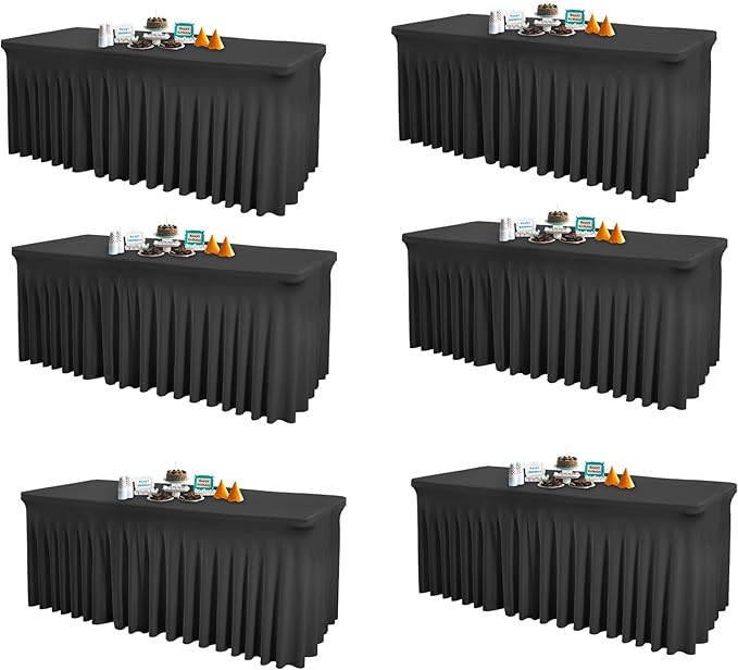 6 Packs Black Spandex Table Covers 6 Foot, Fitted Stretch Table Cloth with Skirts 72x30 Inch, Wrinkle-Free Floor Length Rectangle Tablecloths for Trade Show Weddings Parties Banquets Events