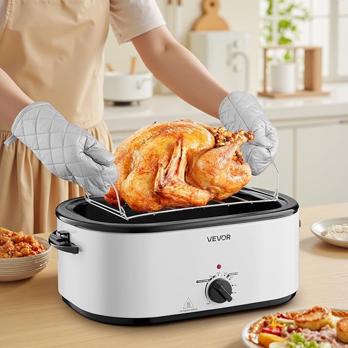 VEVOR Roaster Oven, 26QT Electric Roasting Pan, 150-450℉ Adjustable Temperature Fast-Cooking Turkey Roaster with Cool-Touch Handle, Visible Self-Basting Lid, Defrost & Warm Function, Fits 30lb Turkey