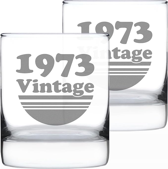 Bevvee Vintage 1973 Whiskey Rocks Glass - 53rd Birthday Gifts for Men & Women Turning 53 - Old Fashioned Bday Decor - Set of 2-10.25 oz