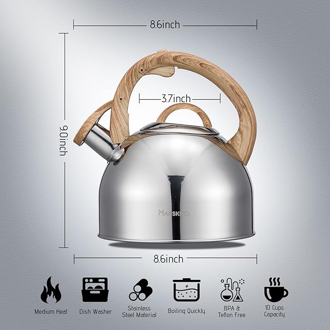 MARSKITOP Whistling Tea Kettle for Stove Top, Food Grade Stainless Steel Tea Pot with Wooden Pattern Handle, Loud Whistle Water Kettle Teapot, 2.64 Quart, Silver