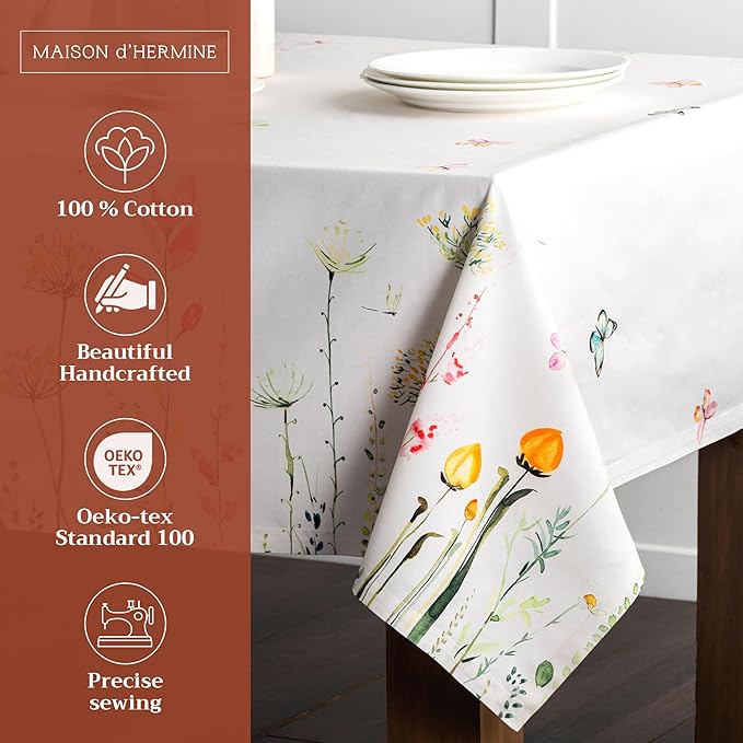Maison d' Hermine Table Cloth Square Table 100% Cotton 54 x 54 Inches Tablecloth Reusable Decorative for Dining Room Farmhouse Home Valentines Day Decorations Spring Summer - Botanical Fresh