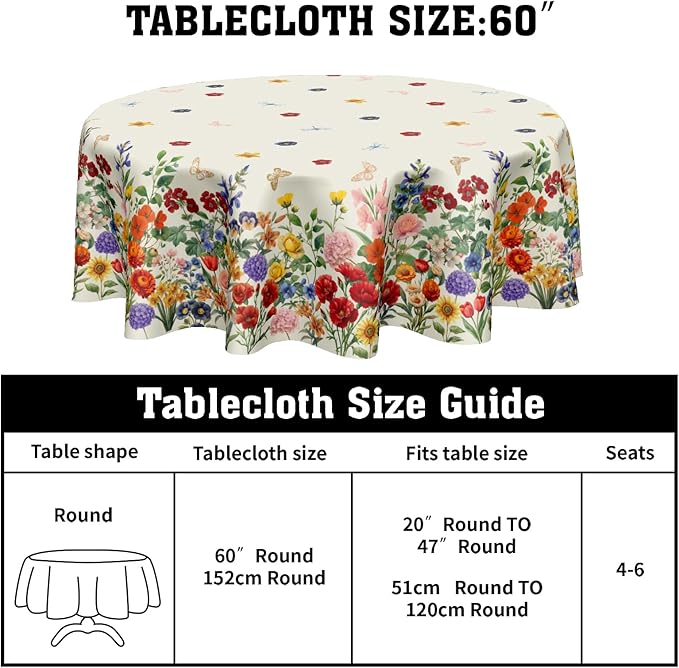 Spring Summer Flower Round Tablecloth 60 Inch Vintage Floral Butterfly Polyester Table Cloth Rustic Farmhouse Table Cover Decoration for Kitchen Dinner Party