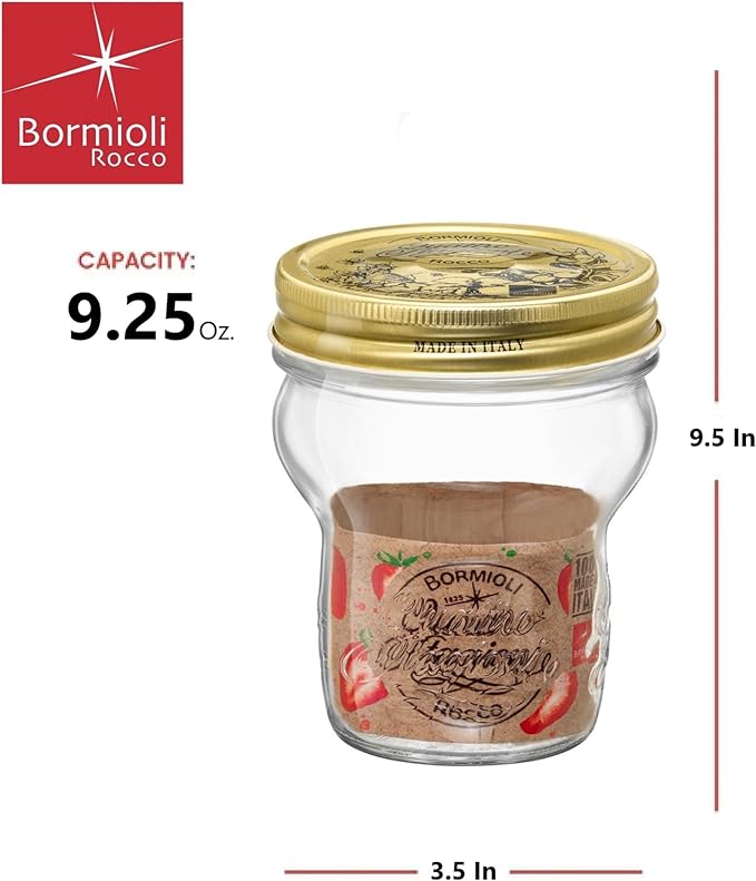 Bormioli Rocco Quattro Stagioni Glass Jars (Set of 6) - 9.25 Oz Stackable Storage Jars with Wide Mouth & Aluminum Lids - Glass Containers for Preserving, Serving, Organizing - Made in Italy