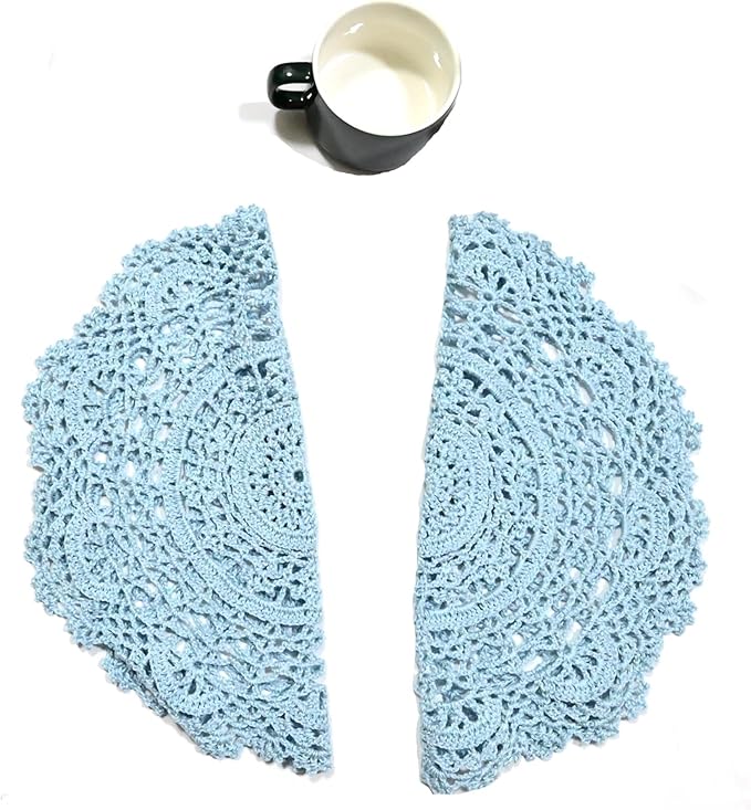 BIBITIME 2PCS Lace Table Doilies Kitchen Placemats Round Handmade Crochet Flower Cup Mug Mat Doily (Light Blue, 13 inches to 14 inches,2PCS)