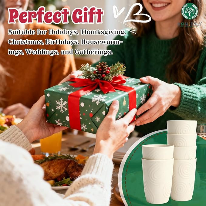 Homienly Plastic Cups Alternative 12oz - Wheat Straw Cups Set of 6 Reusable & Unbreakable Drinking Glasses Dishwasher & Microwave Safe Cups for Everyday Use-Beige