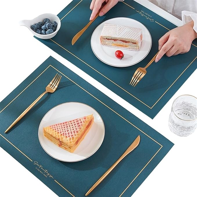 Leather PU Table Mats Set of 1/4/6 Heat Wipeable Waterproof Non-Slip Table Easy to Clean Modern Placemat(G saga Green,45x30cm 4pcs)