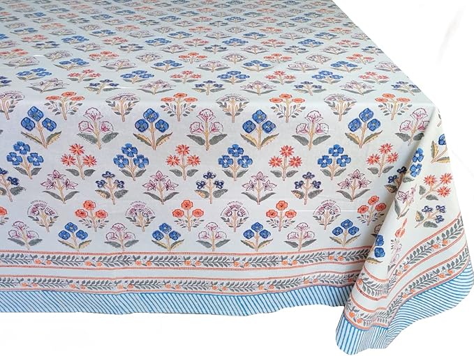 ATOSII Flora Bloom 100% Cotton Rectangle Boho Fall Tablecloth, Handblock Floral Table Cloth Linen for Kitchen Dining I Parties Wedding Outdoors Christmas Thanksgiving I 72 X 140 Inches I 12 Seater
