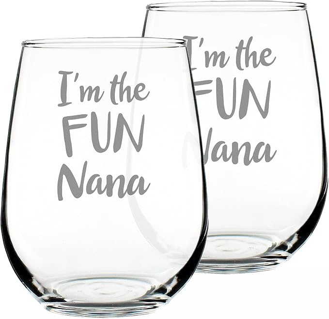 Bevvee Fun Nana - Set of 2 - Funny Stemless Wine Glass, Large Glasses, Etched Sayings, Gift Box