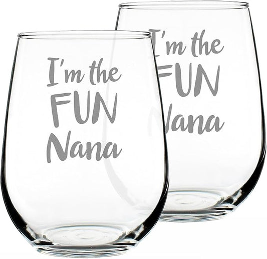 Bevvee Fun Nana - Set of 2 - Funny Stemless Wine Glass, Large Glasses, Etched Sayings, Gift Box