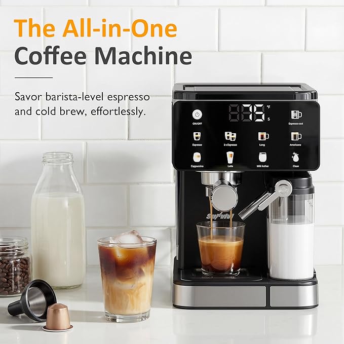 SUNVIVI Espresso Machine with Cold Brew, All-in-one Iced Coffee Maker with Automatic Milk Frother, LED Touchscreen, 51OZ Water Tank, Pressure Coffee Machine for Latte, Cappucinno, Self-clean, Black