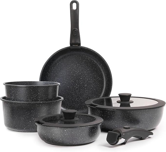 Ceramic Nonstick Pots and Pans Set with Detachable Handle,9 Pcs Pots and Pans Set Non Stick,Kitchen Essentials,RV Kitchen Pot and Pan,Stackable Induction Cookware,Black