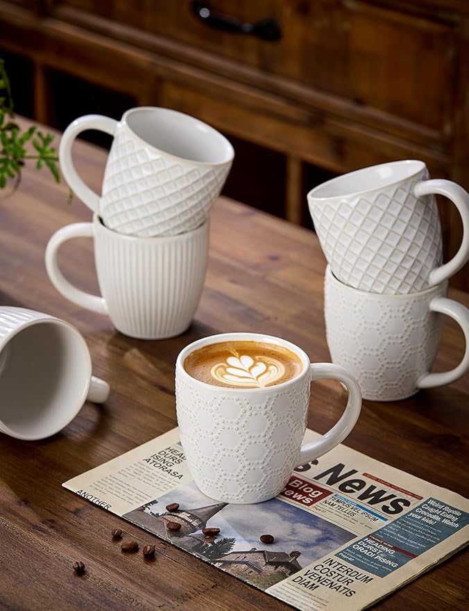 14oz Embossed Ceramic Coffee Mugs - Set of 6, Lead-Free Microwave & Dishwasher Safe Coffee Cups for Wedding Housewarming Coffee Lovers