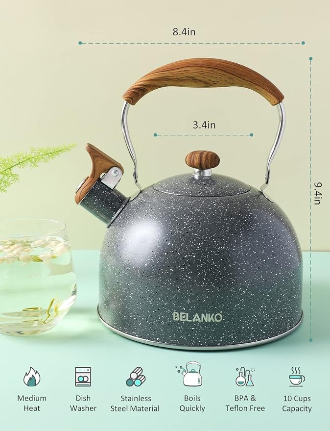 Tea Kettle, BELANKO 85 OZ / 2.5 Liter Whistling Tea Kettle, Tea Pots for Stove Top Food Grade Stainless Steel with Wood Pattern Folding Handle, Loud Whistle Kettle for Tea, Coffee, Milk - Gray