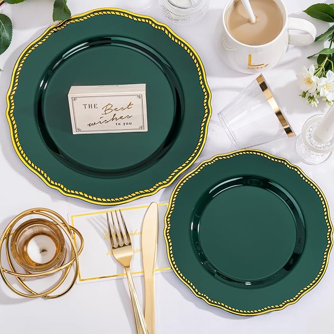 Hioasis 175pcs Green Gold Plastic Plates - Gold Plastic Dinnerware Set Includes 25 Dinner Plates, 25 Dessert Plates, 25 Gold Utensils, 25 Napkins Perfect for Wedding & St. Patrick's Day