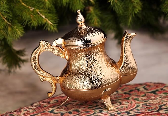 Alisveristime Decorative Zamac Pitcher – Vintage Ottoman-Style Teapot, Ornate Metal Design (7.9 x 7.9 x 5.1 in, 1.85 lbs, 28.7 fl oz) (Gold)