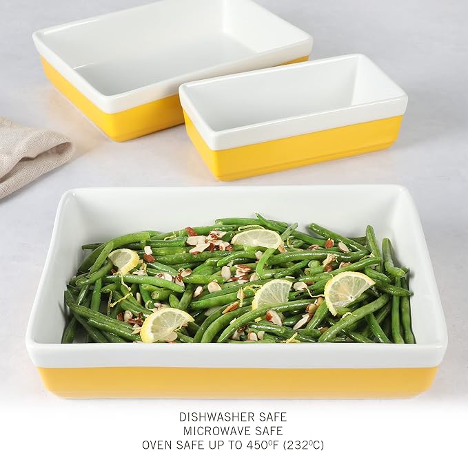MARTHA STEWART 3-Piece Oven to Table Stoneware Bakeware Set – Baking Dish & Casserole Set – Yellow – Durable Oven-Safe Bakeware for Baking and Serving