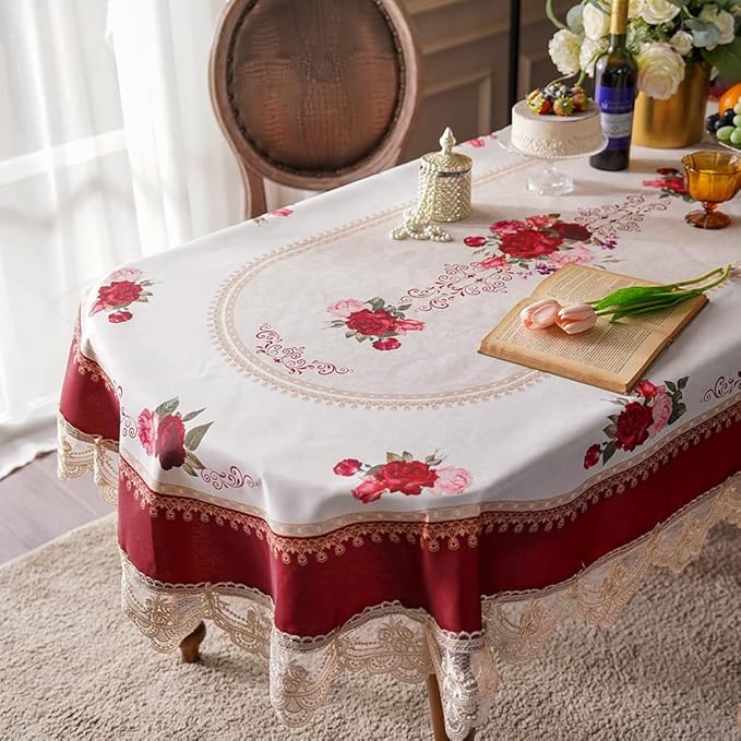 SUTAVIA Oval Lace Embroidered Table Cloth Farmhouse TableCover Classic Elegant Antique Flower Decor Macrame Tablecloth for Home Holiday Party Dining Table (Burgundy, Oval, 52"x70")