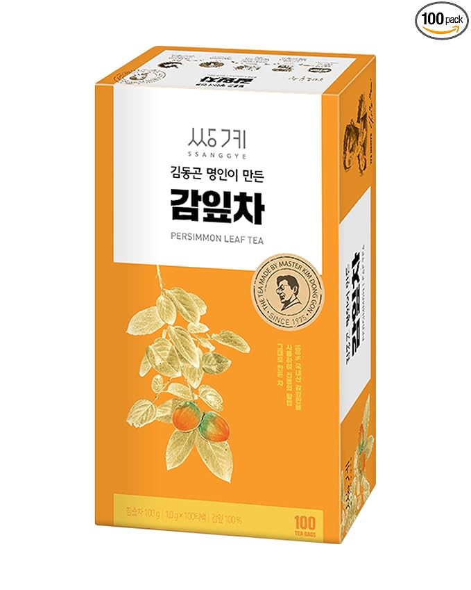Ssanggye Persimmon Leaf Tea 1.0g x 100 Tea Bags, Bulk Size Premium Korean Herbal Hot Cold Hygienic Single Tea Vitamin Mineral Content Herb Soft Taste Traditional Oriental 감잎차 4 Seasons Made in Korea