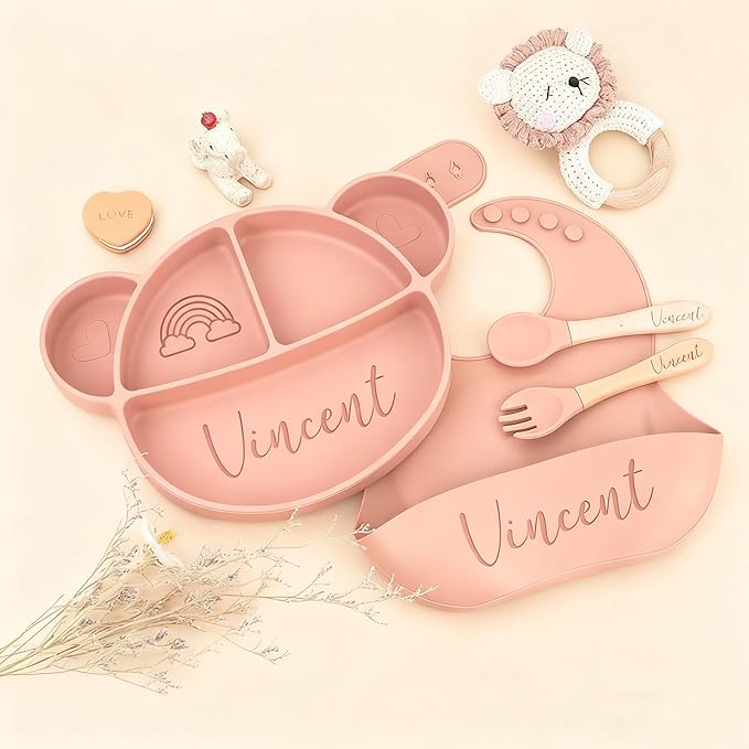 Silicone Feeding Set with Engraved Name for Baby-Led Weaning - Personalized Suction Plate, Bib, Utensils Eco-Friendly, BPA-Free Toddler Essentials - Newborn Shower Gift (4pc set)