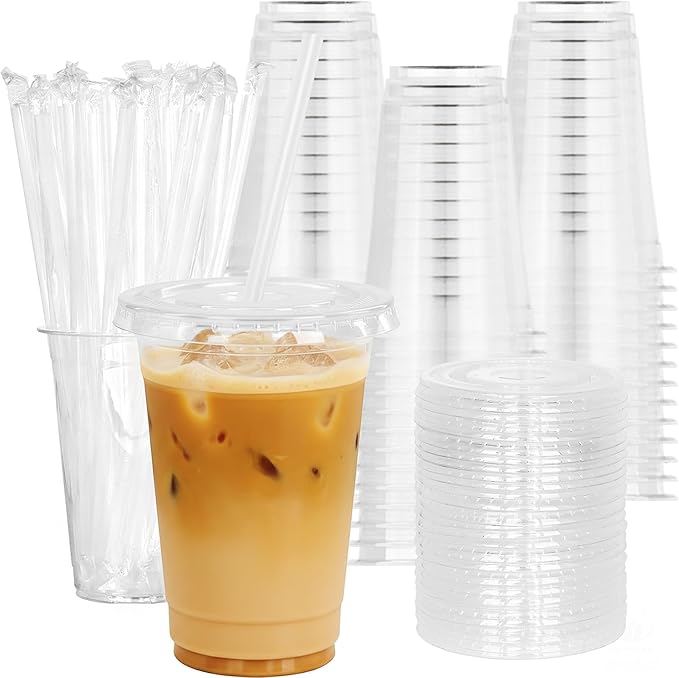 20 oz 100 Pack Disposable Clear Plastic Cups with Lids and Straws, Food Safe Bulk Iced Coffee Cups for Smoothies, Milkshakes and Other Cold Drinks