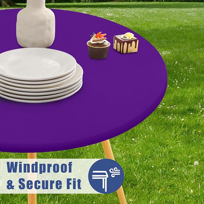 Round Spandex Tablecloth, Elastic Fitted Waterproof Tablecloths for 45"-56" Tables, Stretch Washable Picnic Table Cover for Camping, Dining, Indoor and Outdoor, Purple