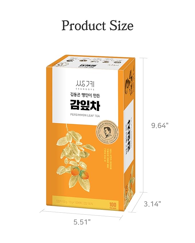 Ssanggye Persimmon Leaf Tea 1.0g x 100 Tea Bags, Bulk Size Premium Korean Herbal Hot Cold Hygienic Single Tea Vitamin Mineral Content Herb Soft Taste Traditional Oriental 감잎차 4 Seasons Made in Korea