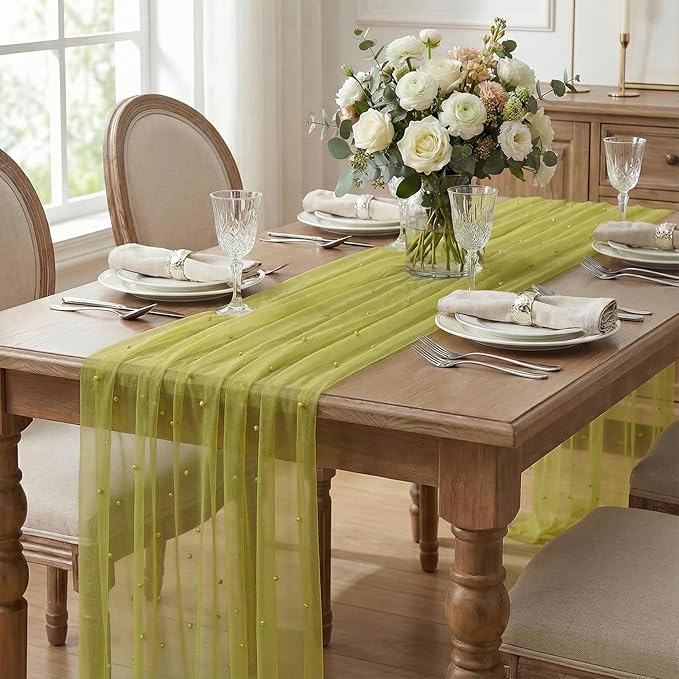 Artoid Mode Pearl Olive Green Gauze Table Runner 120 Inch 10FT, Seasonal Sheer Dining Holiday Wedding Birthday Baby Shower Table Decor for Home Party
