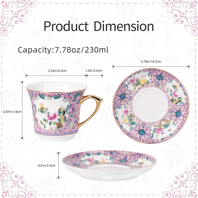 KAMMAK Tea Cups and Saucers Set of 2, Porcelain Coffee Cups with Saucer for Espresso, Cappuccino, 8oz Vintage Pink and Blue Ceramic Novelty Mug for Home, Tea Party, Office