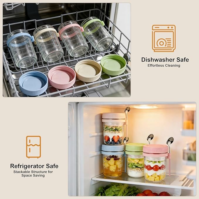 Overnight Oats Containers with Lids and Spoons - 4 Pack 16 oz Glass Mason Jars with Separate Compartments Airtight Overnight Oat Jars Leakproof Yogurt Parfait Cup for Oatmeal Chia Pudding Cereal Salad