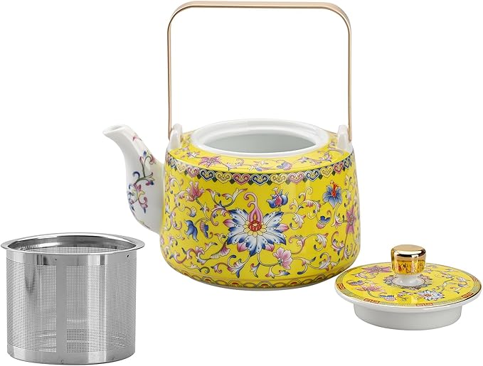Antique Ceramic Teapot Coffee Pot with Infuser, 400ml (1-2 cups) Small Porcelain Tea Pots for Loose Leaf Tea, with Removable Stainless Steel Strainer and Lid for Gift (Yellow(Handle))