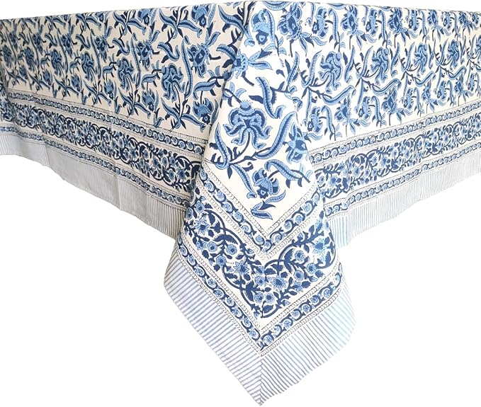 ATOSII Midnight Bloom 100% Cotton Summer Tablecloth, Block Print Blue Rectangle Table Cloth for Dining Table Parties Wedding Outdoor Decor 60 X 108 Inches I 8 Seater I Memorial Day