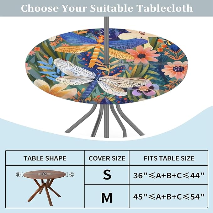 Dragonfly Outdoor Round Tablecloth with Umbrella Hole, Circle Fitted Tablecloths with Elastic 45"-56" Waterproof Oil-Proof Round Outdoor Tablecloth Patio Table Cover for Picnic Camping Party