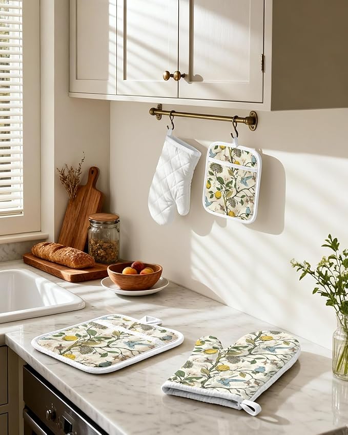 Cotton Oven Mitts and Pot Holders Sets - Quilted Lining Heat Resistant 4 Pieces Set with Hanging Loop Cute Farmhouse Boho Spring Kitchen Decor and Accessories, Lemon Bird