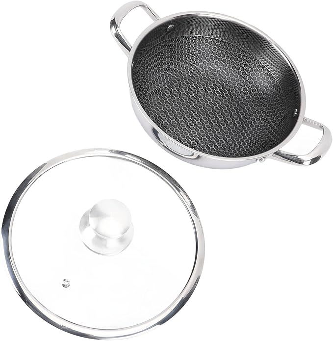 Stainless Steel Wok Pan, Nonstick Frying Pan Honeycomb Stir Fry Skillet with Lid, Compatible with Induction Cooker Gas Range, Dishwasher Safe (26cm)