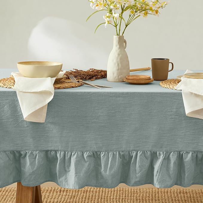 MONDAY MOOSE Ruffle Farmhouse Rustic Rectangle Natural Stonewashed Cotton Tablecloth for Kitchen, Dining Room, Restaurant (60x86 inch, Slate Blue)