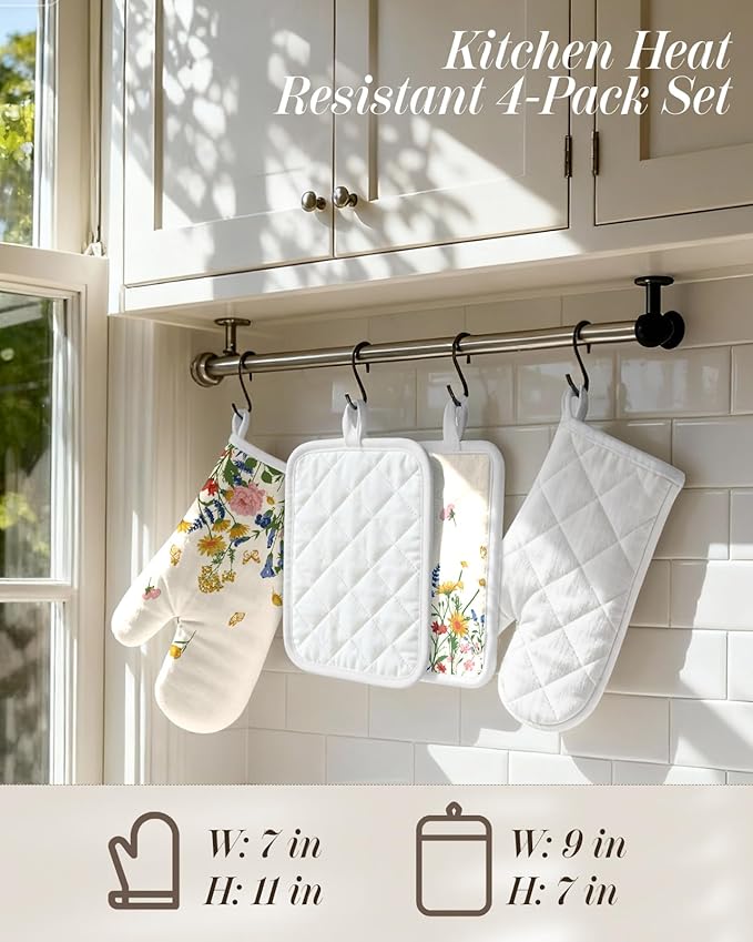 Cotton Oven Mitts and Pot Holders Sets - Quilted Lining Heat Resistant 4 Pieces Set with Hanging Loop Cute Farmhouse Boho Spring Kitchen Decor and Accessories, Retro Flower